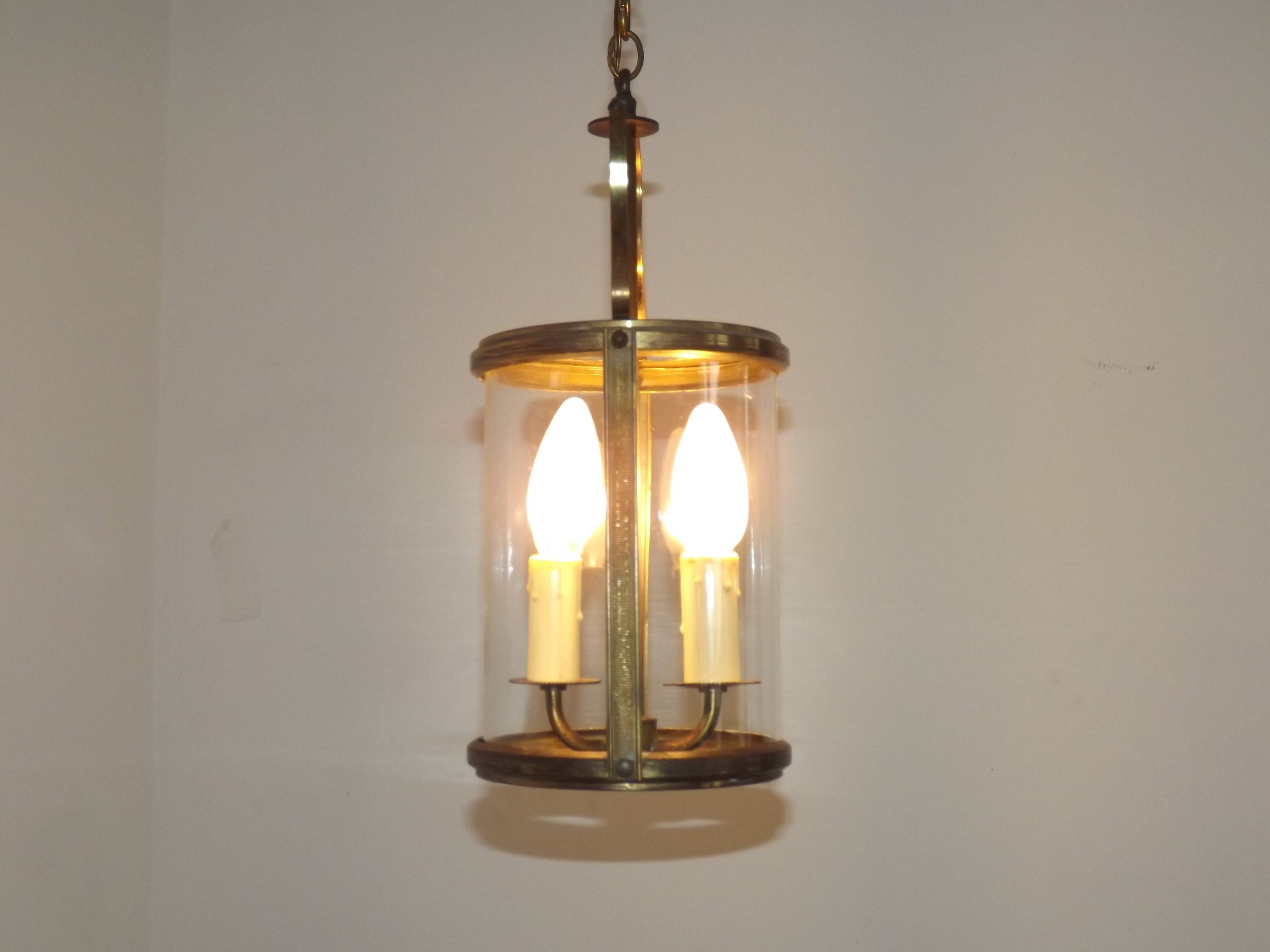 French Vintage Brass 2 Light Hanging Lantern With Cylindrical Glass Shade 4948