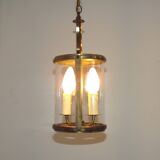 French Vintage Brass 2 Light Hanging Lantern With Cylindrical Glass Shade 4948