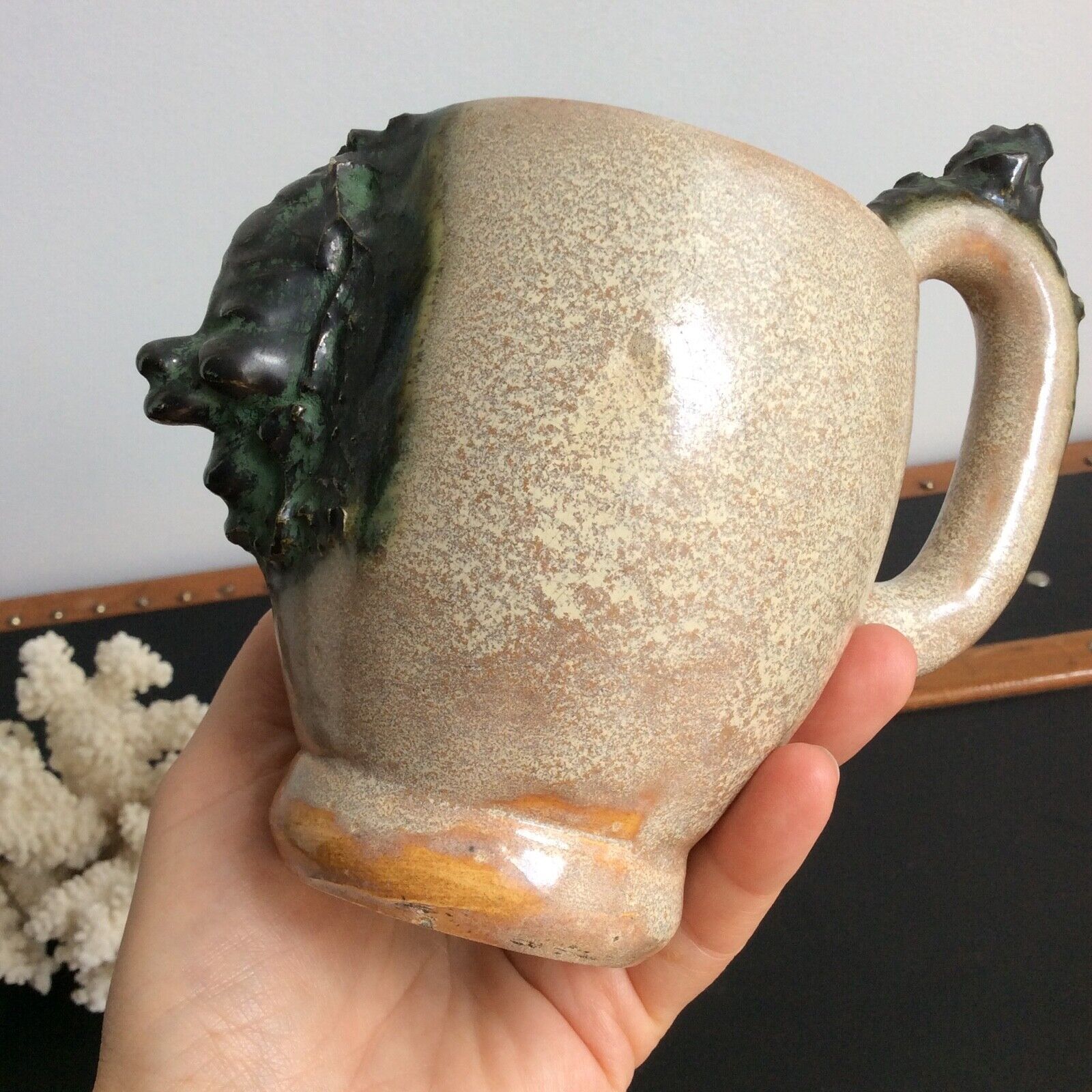 Mug cup with laughing face in sandstone Sylvain Sttublet vintage ceramic 1950