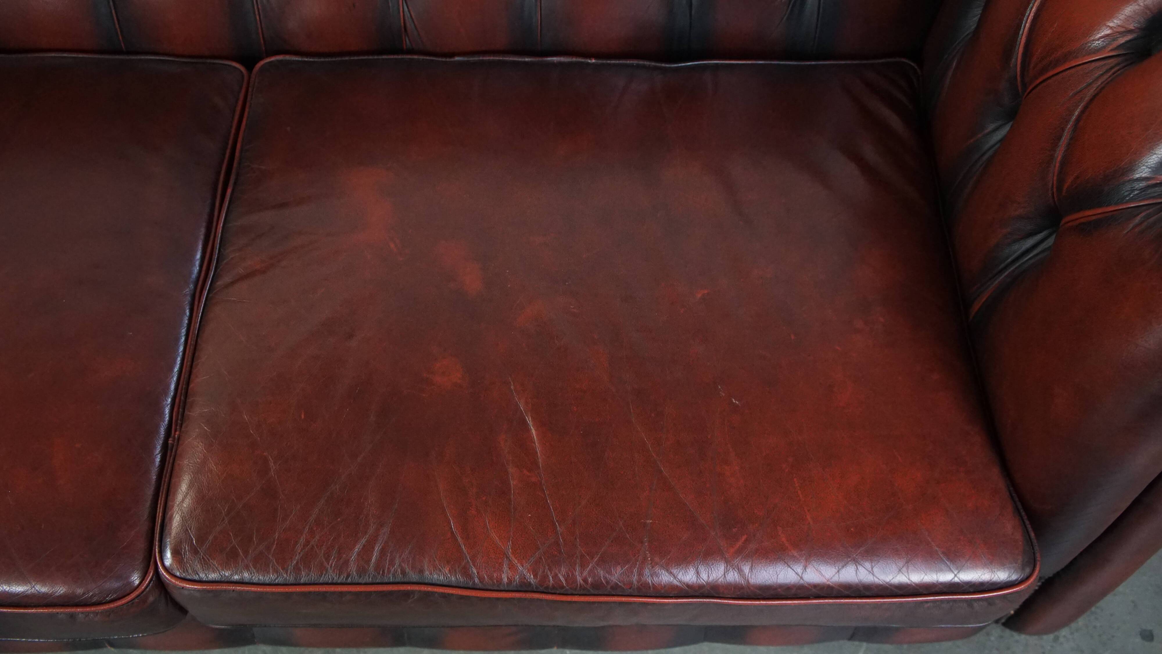 2.5-seater Chesterfield sofa in dark red flamed cowhide leather