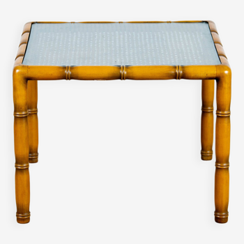 Table d'appoint en bois bambou, cannage et verre carré, 1970