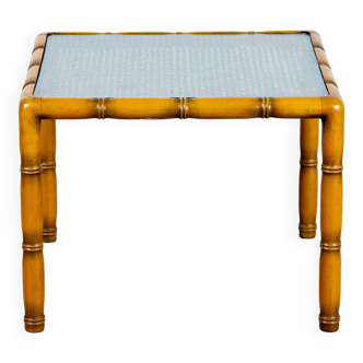 Side table in bamboo wood, canework and square glass, 1970