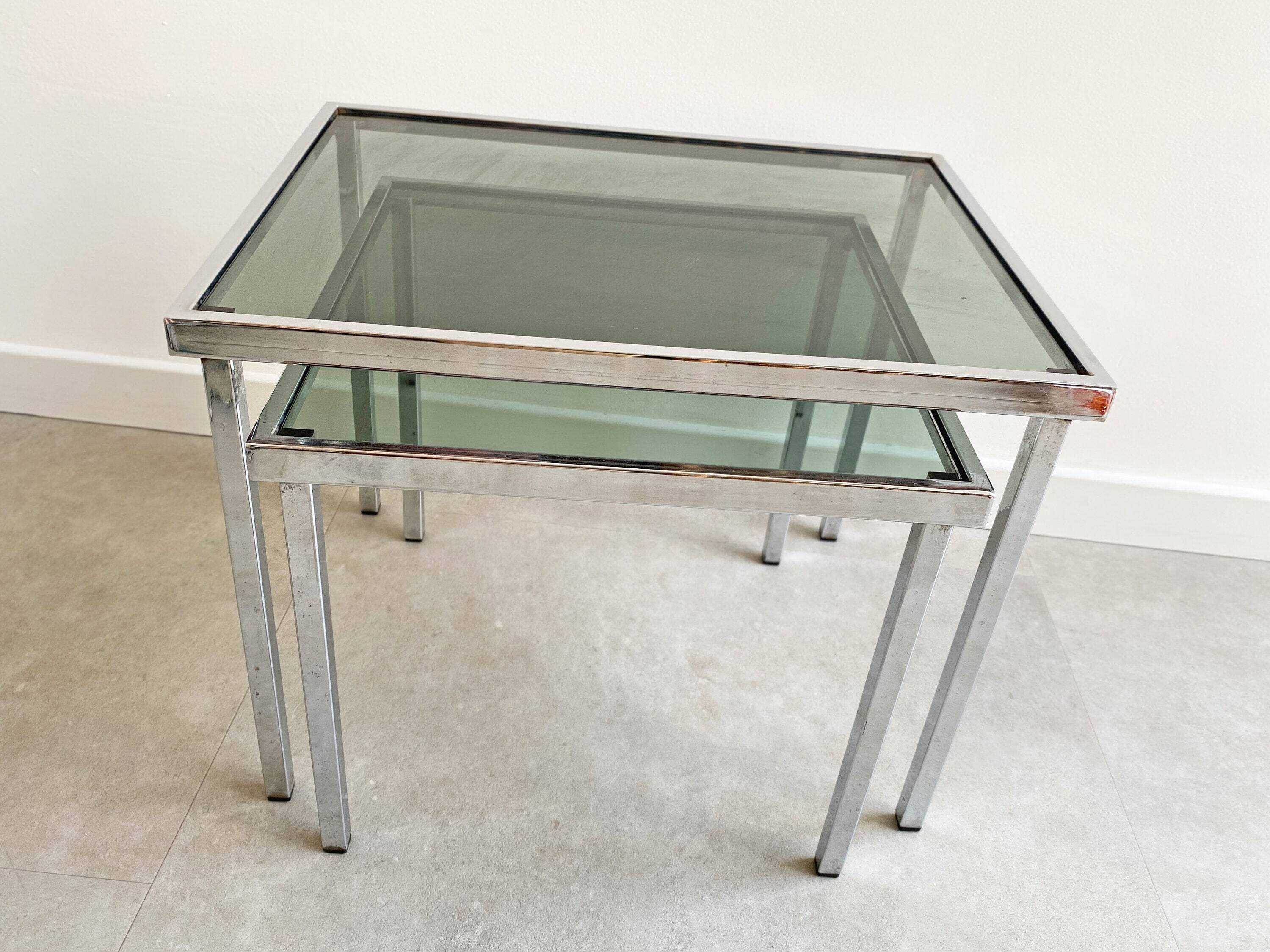 Vintage chrome side table with s smoked glass top