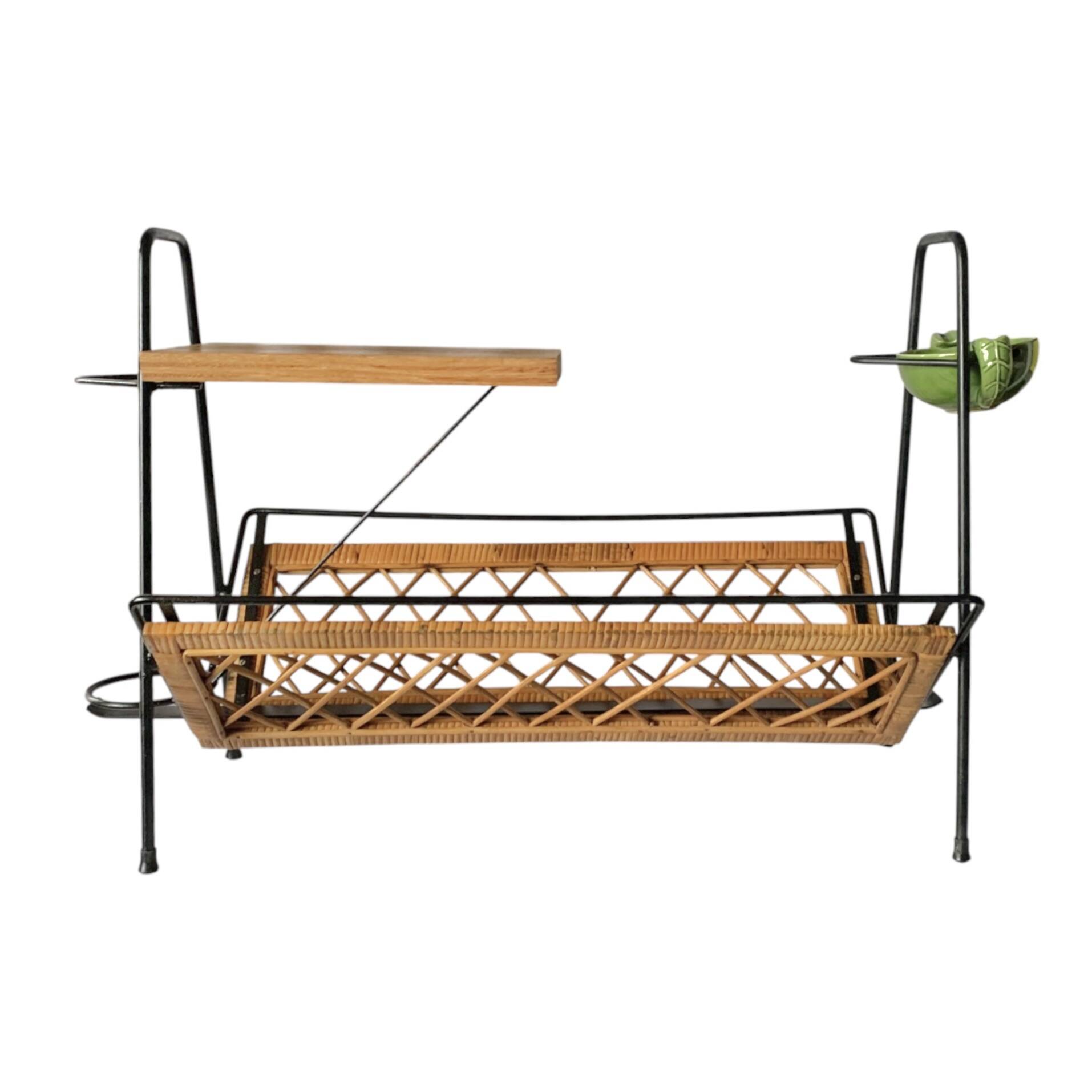 Vintage magazine rack in black metal, wood and rattan with ceramic ashtray