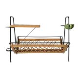 Vintage magazine rack in black metal, wood and rattan with ceramic ashtray