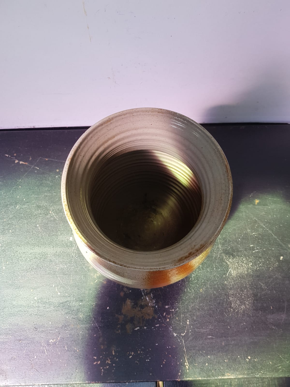 Old brown sandstone vase & beige signed deco 70s vintage