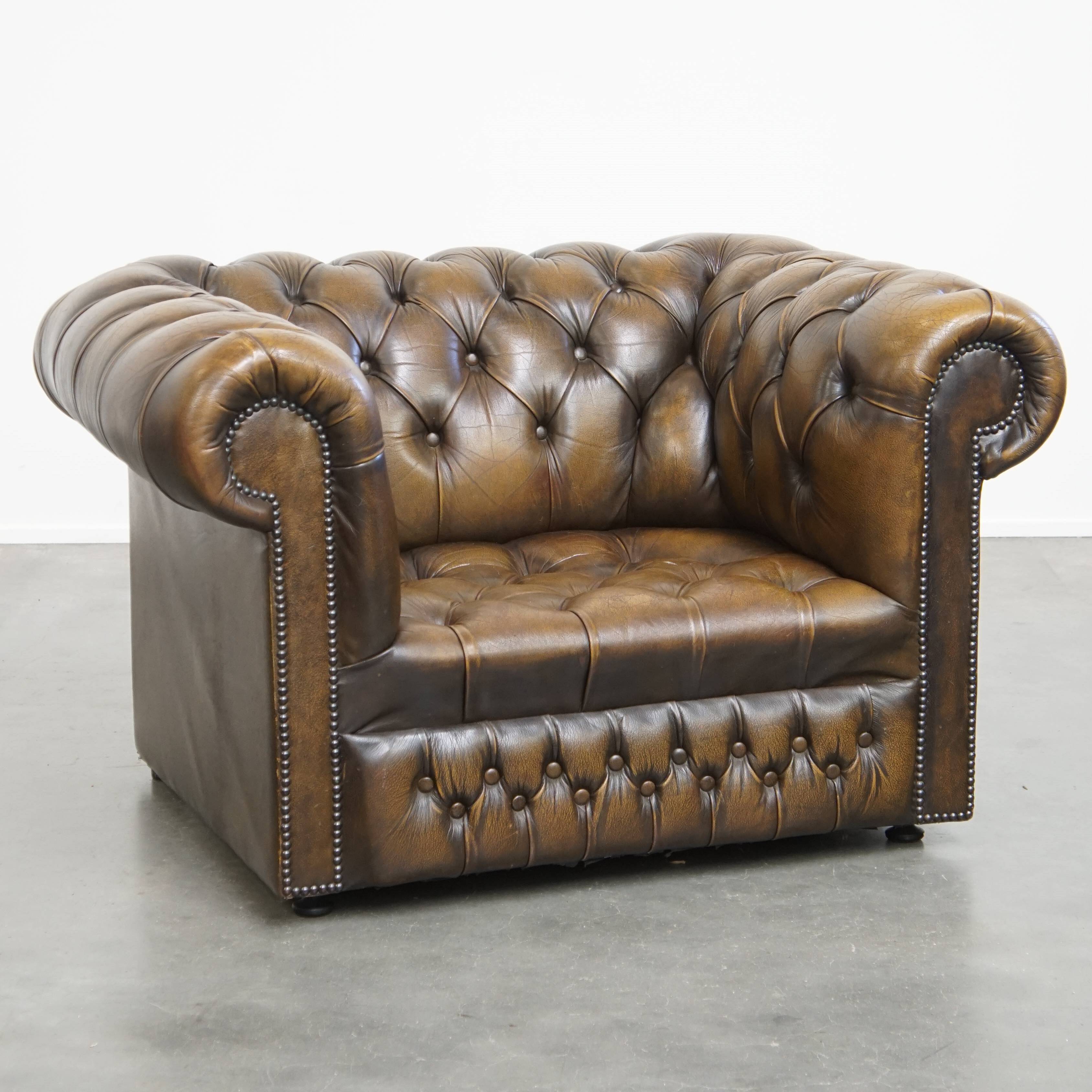 Fauteuil Chesterfield vintage en cuir de vache anglais