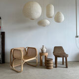 Suspension in rattan and japanese natural linen in the shape of a lantern h50 d30
