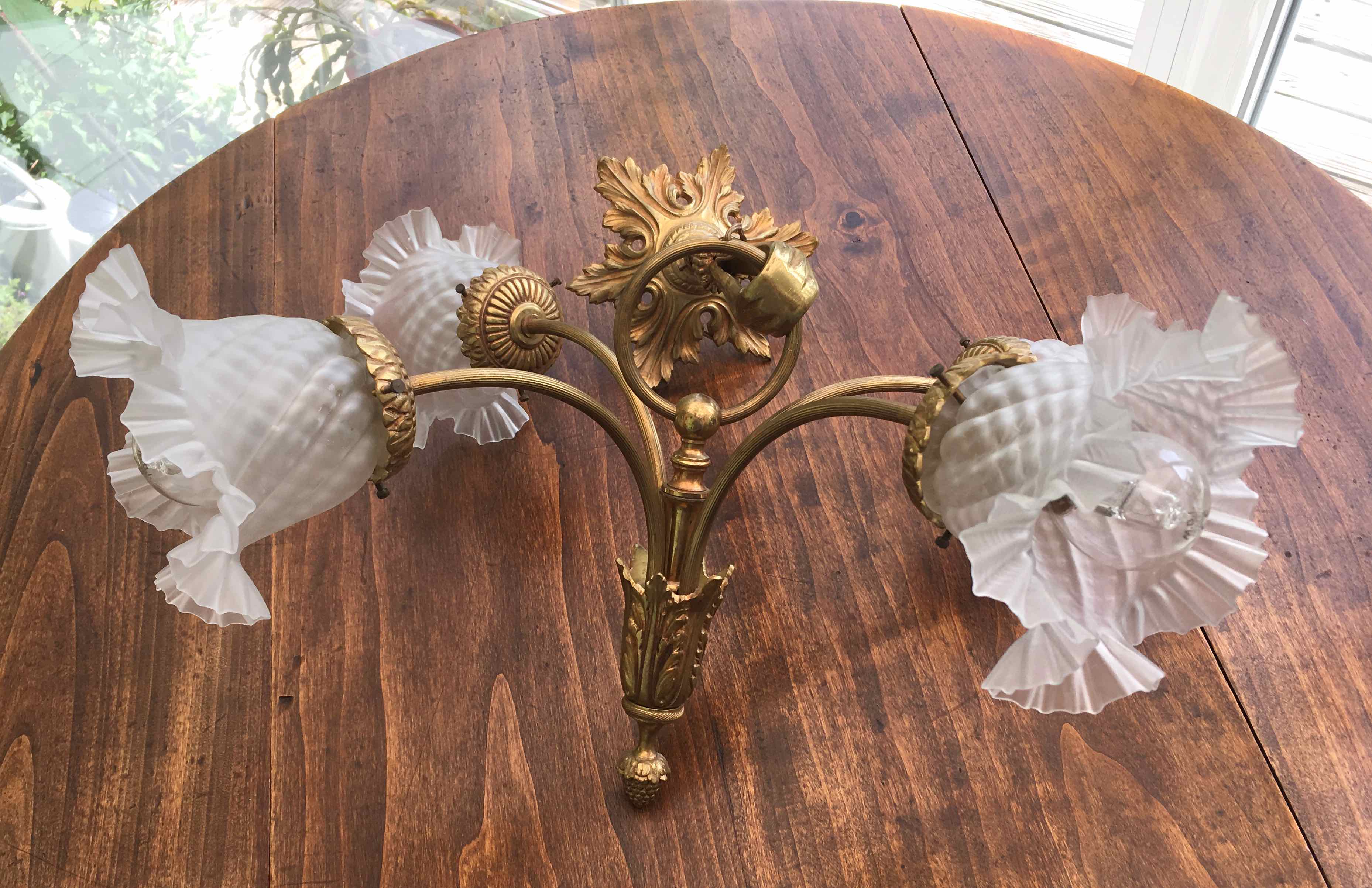 Art nouveau chandelier bronze and pressed glass
