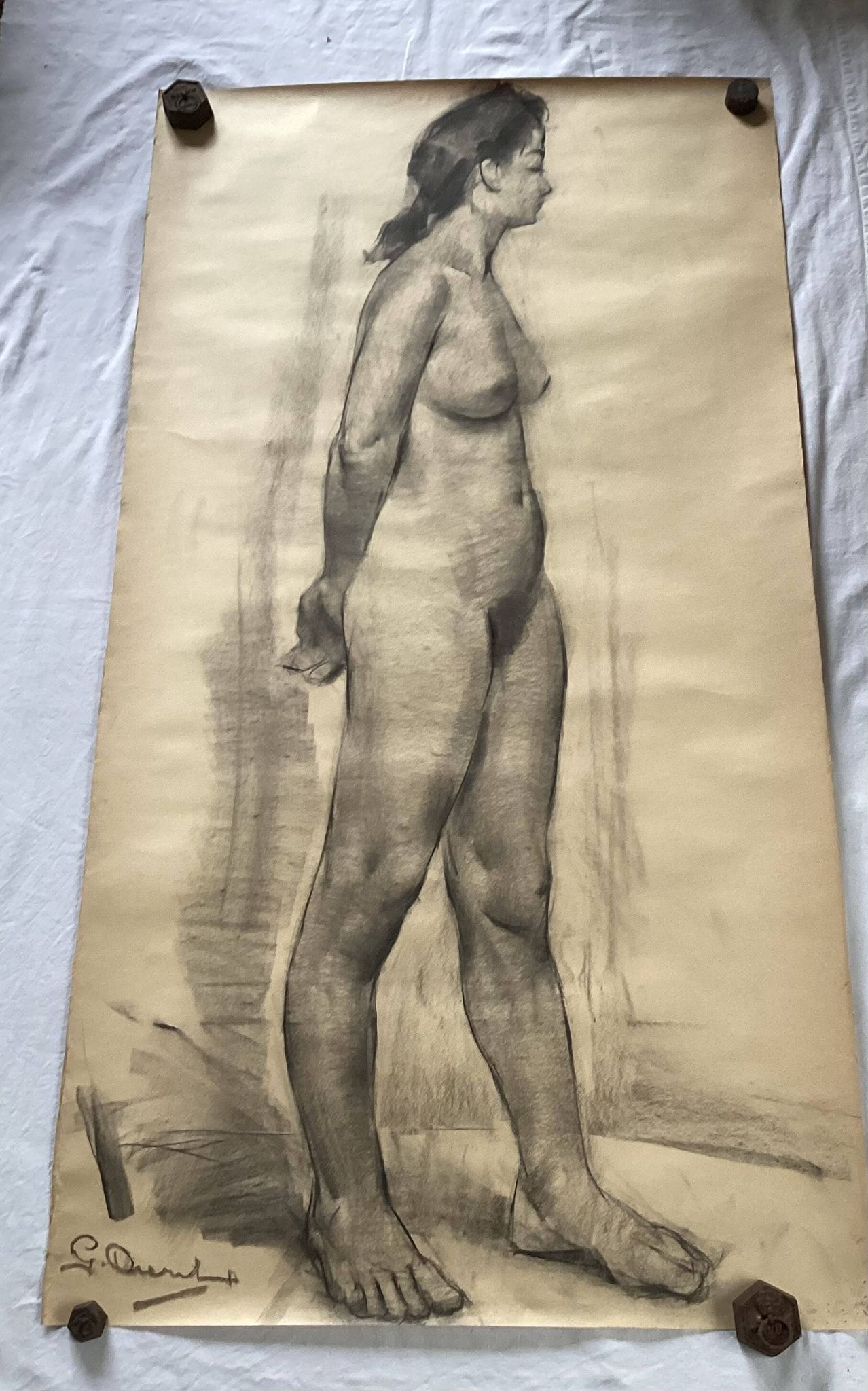 Large drawing of a nude woman signed around the 1940s dimension: height -150cm- width -80cm-