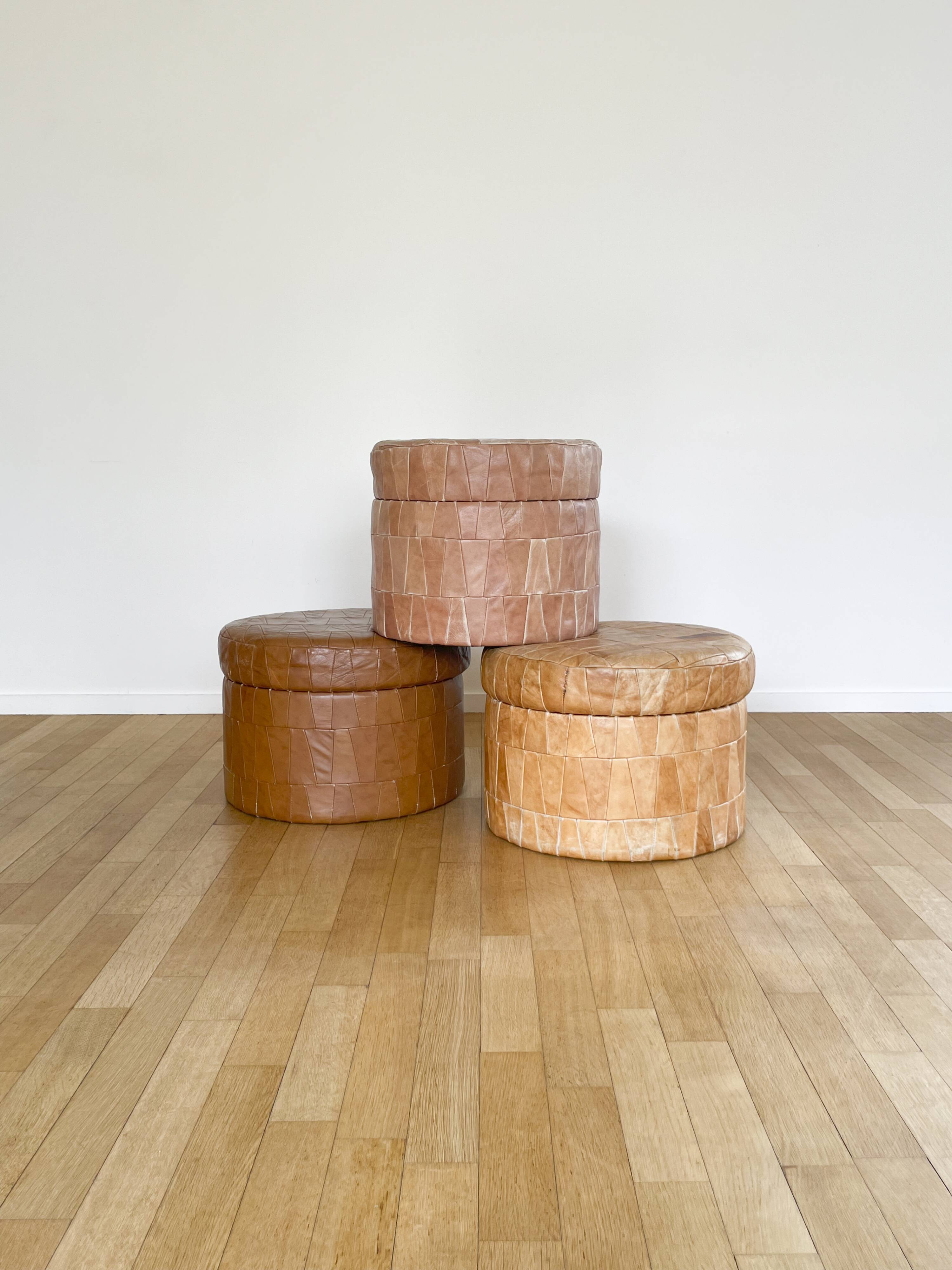 Pouf coffre patchwork cuir cognac