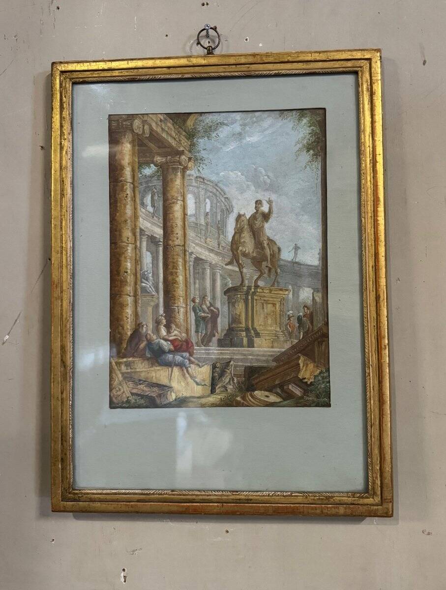Watercolor on orchard paper, animated ruins with equestrian statue, 18th century
