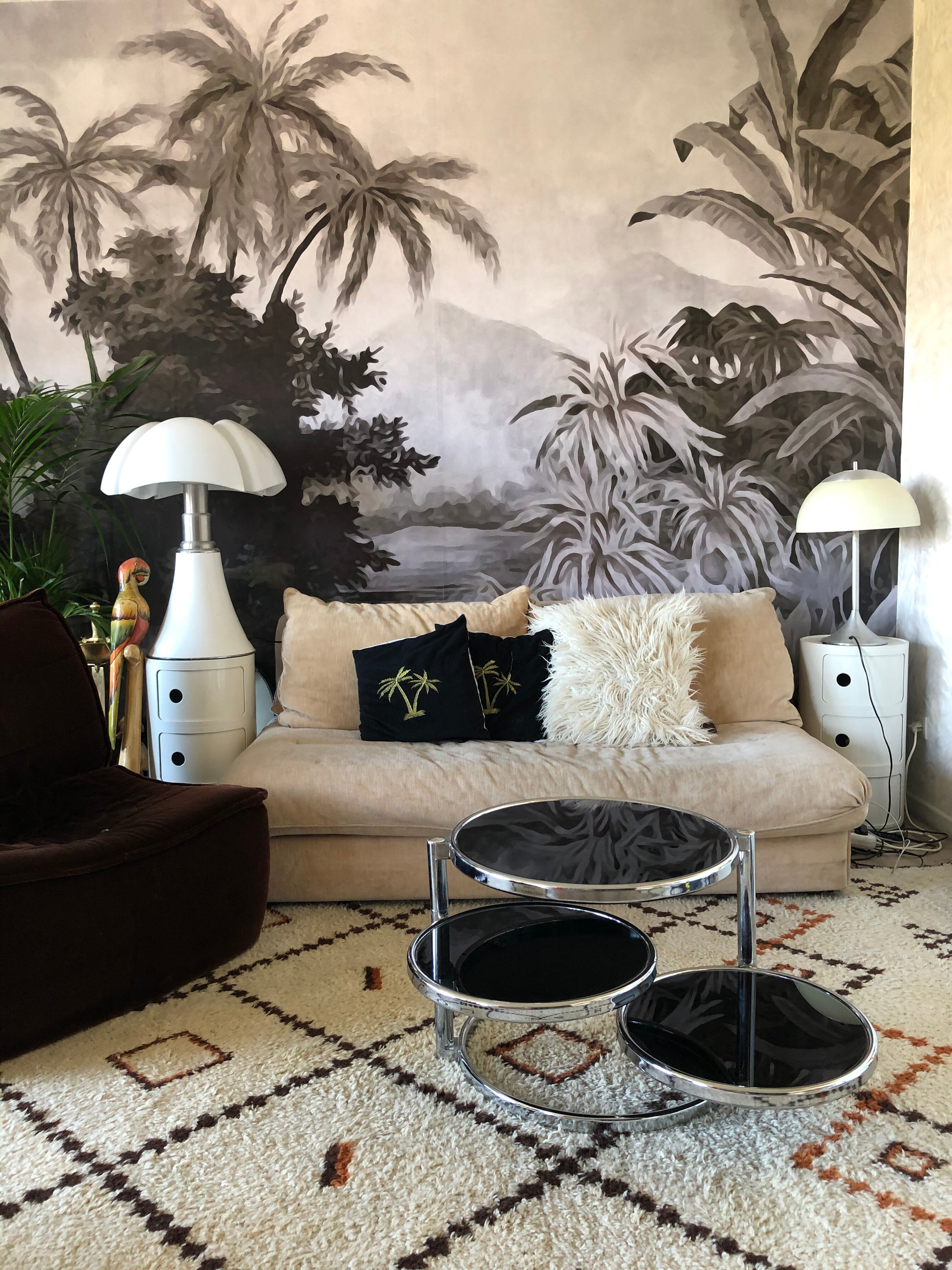 Chrome round coffee table and smoked glass