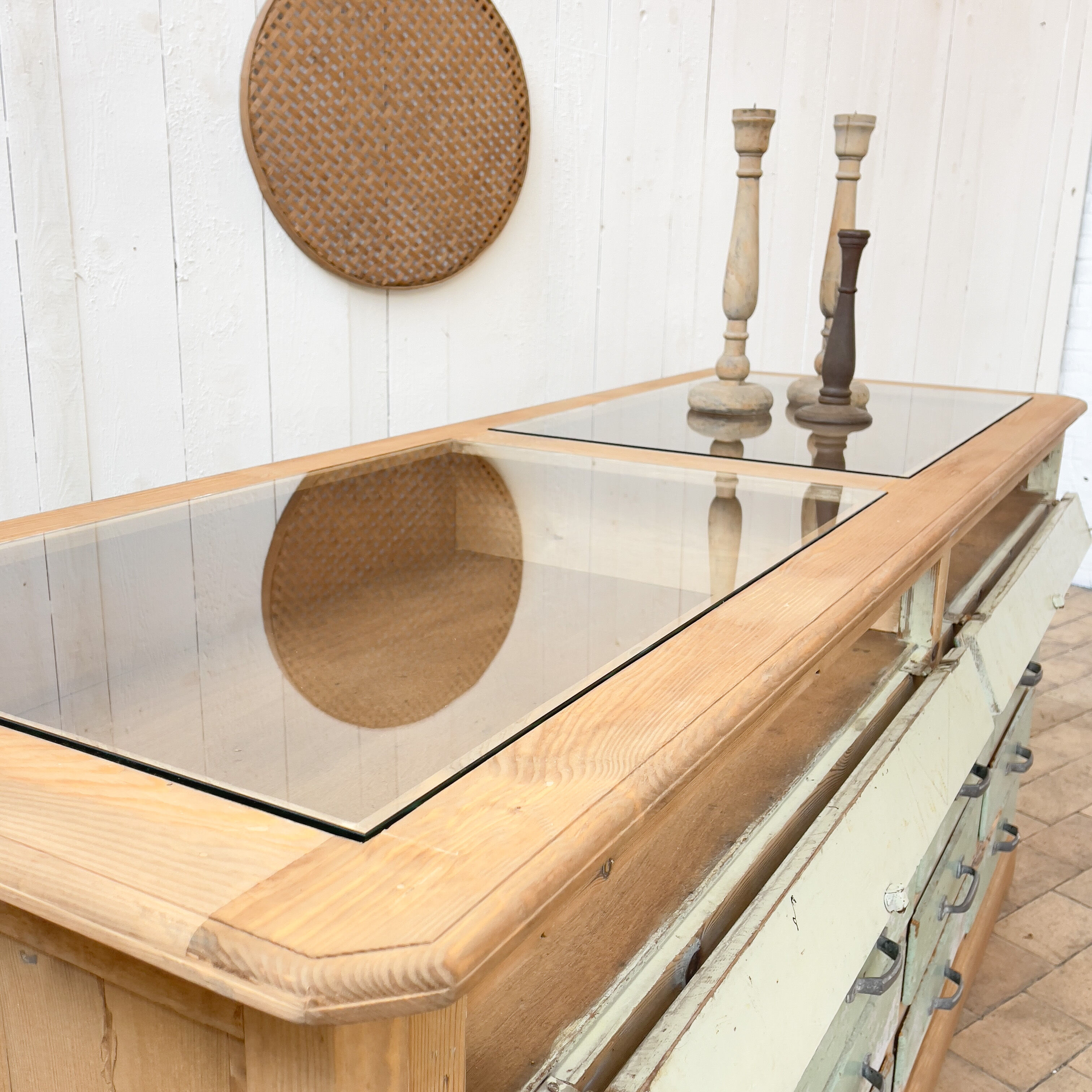 Old wooden display case with drawers, 1950