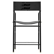 Contemporary bar stool with a black metal backrest and black rubber.