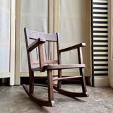 Children's rocking chair in dark wood and cane