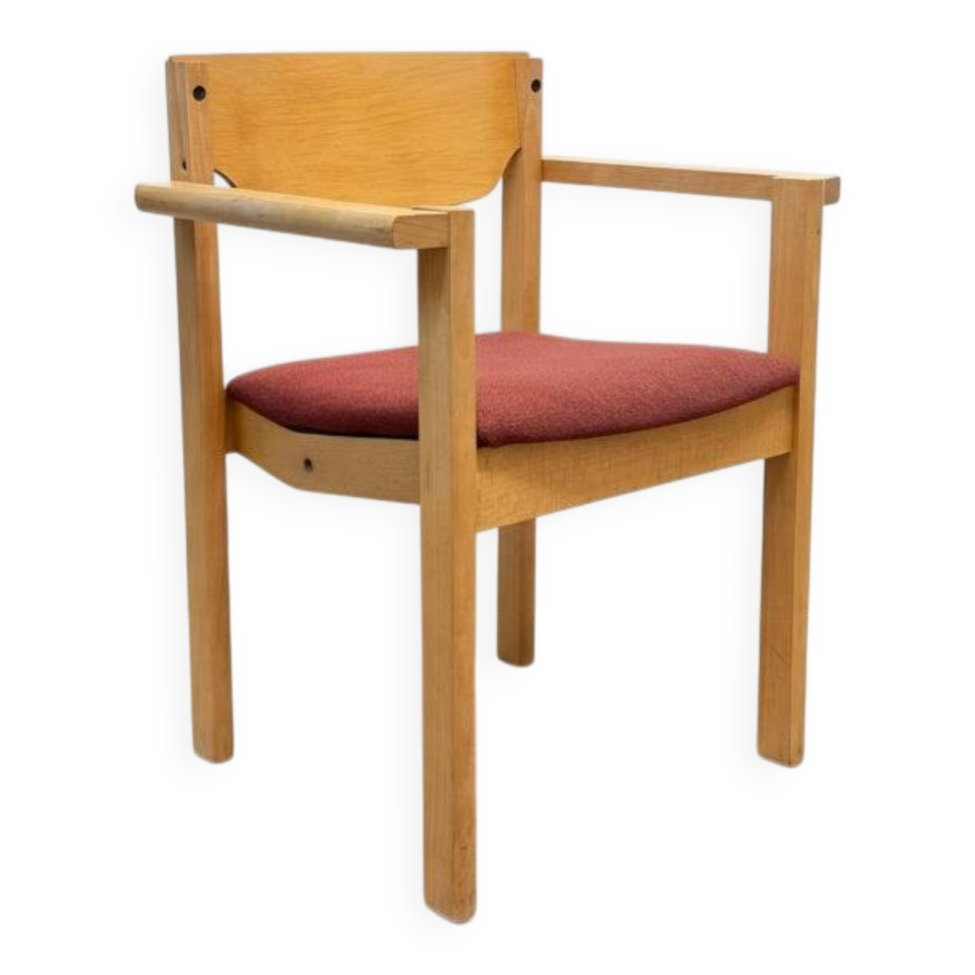 Scandinavian style oak and burgundy chair with armrests