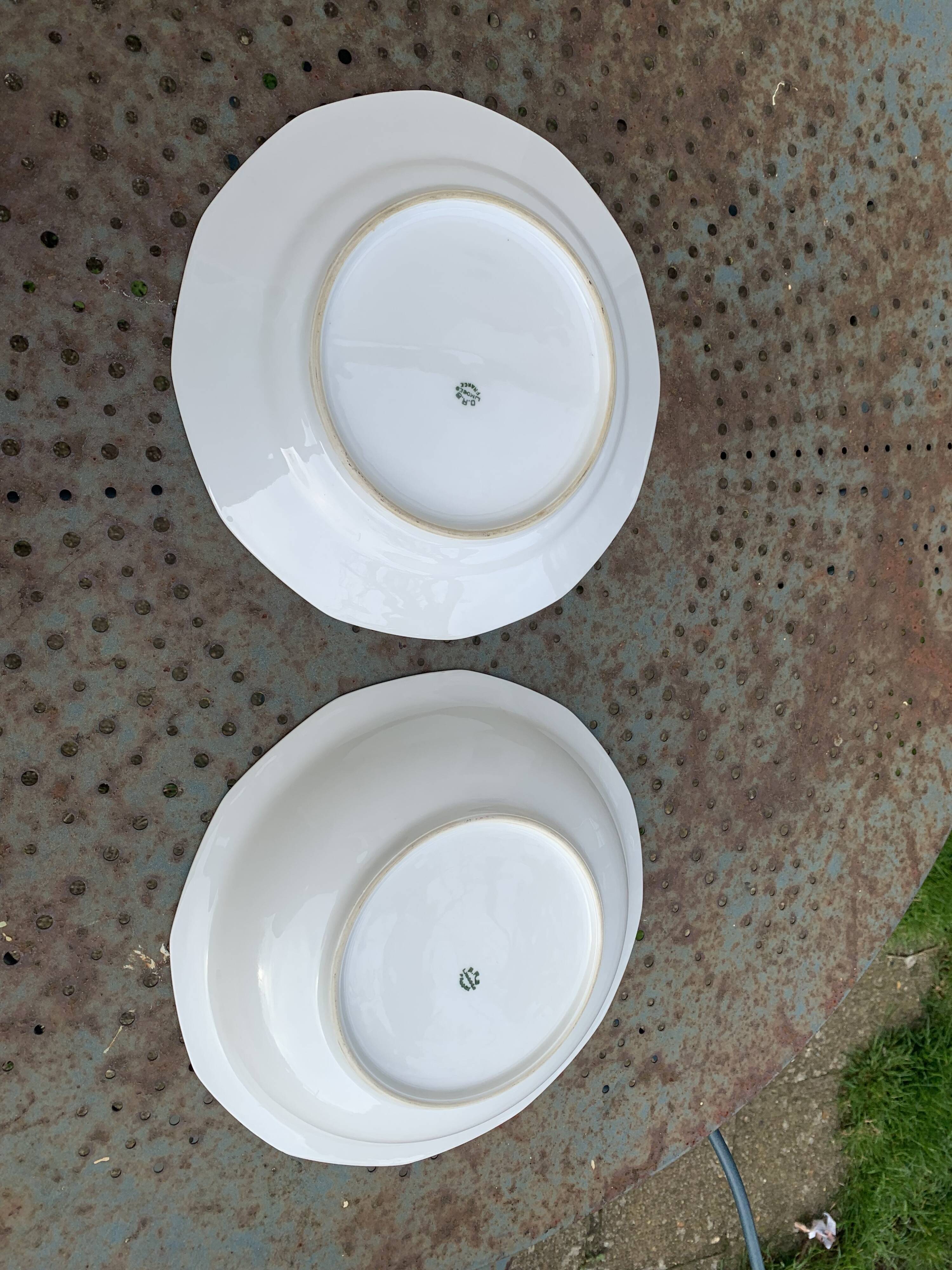 Set of two art deco porcelain dishes, limoges france, BRB, pink flowers
