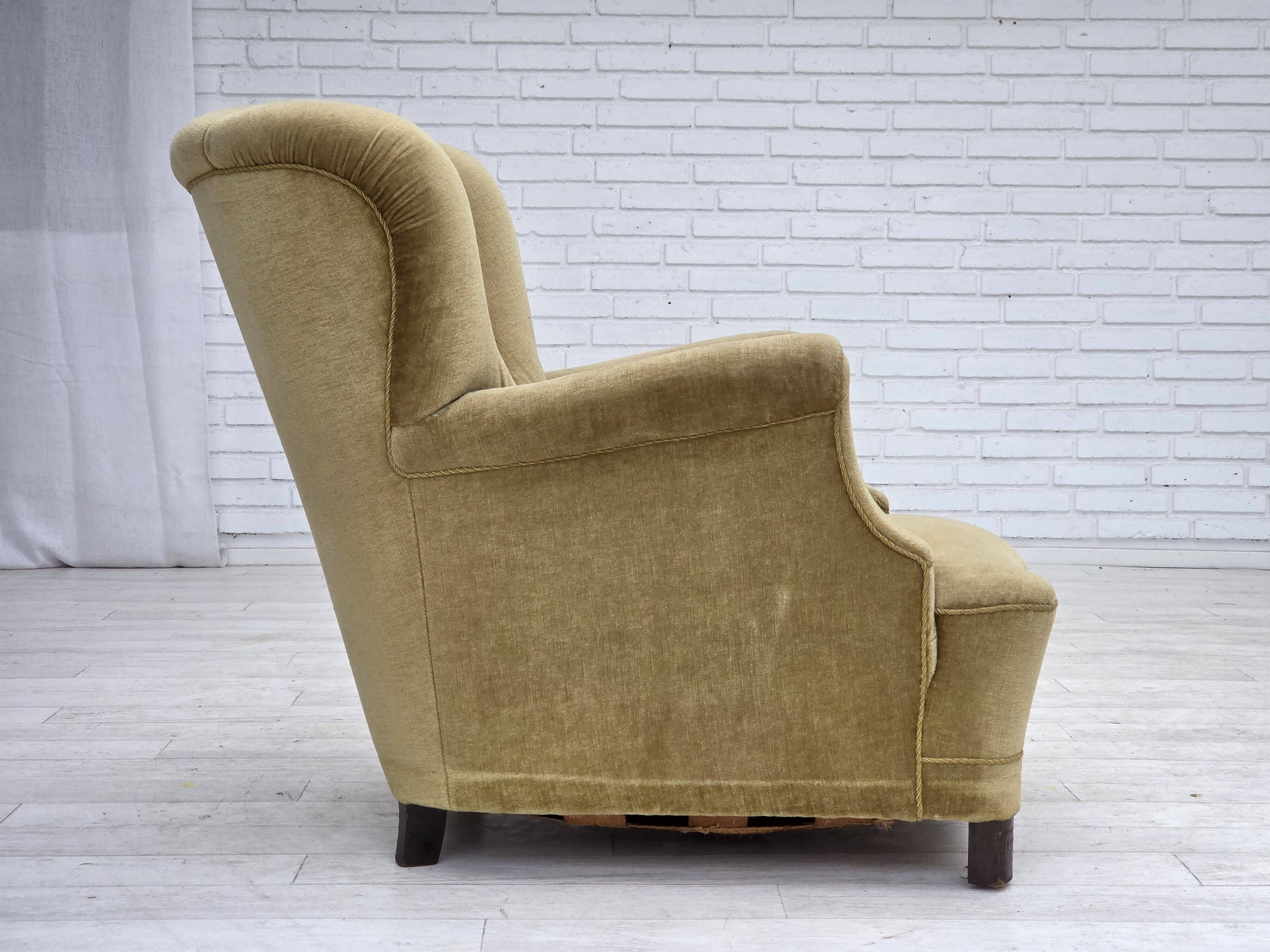 1960s, Danish armchair, green furniture velour, oak wood.