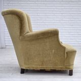 1960s, Danish armchair, green furniture velour, oak wood.