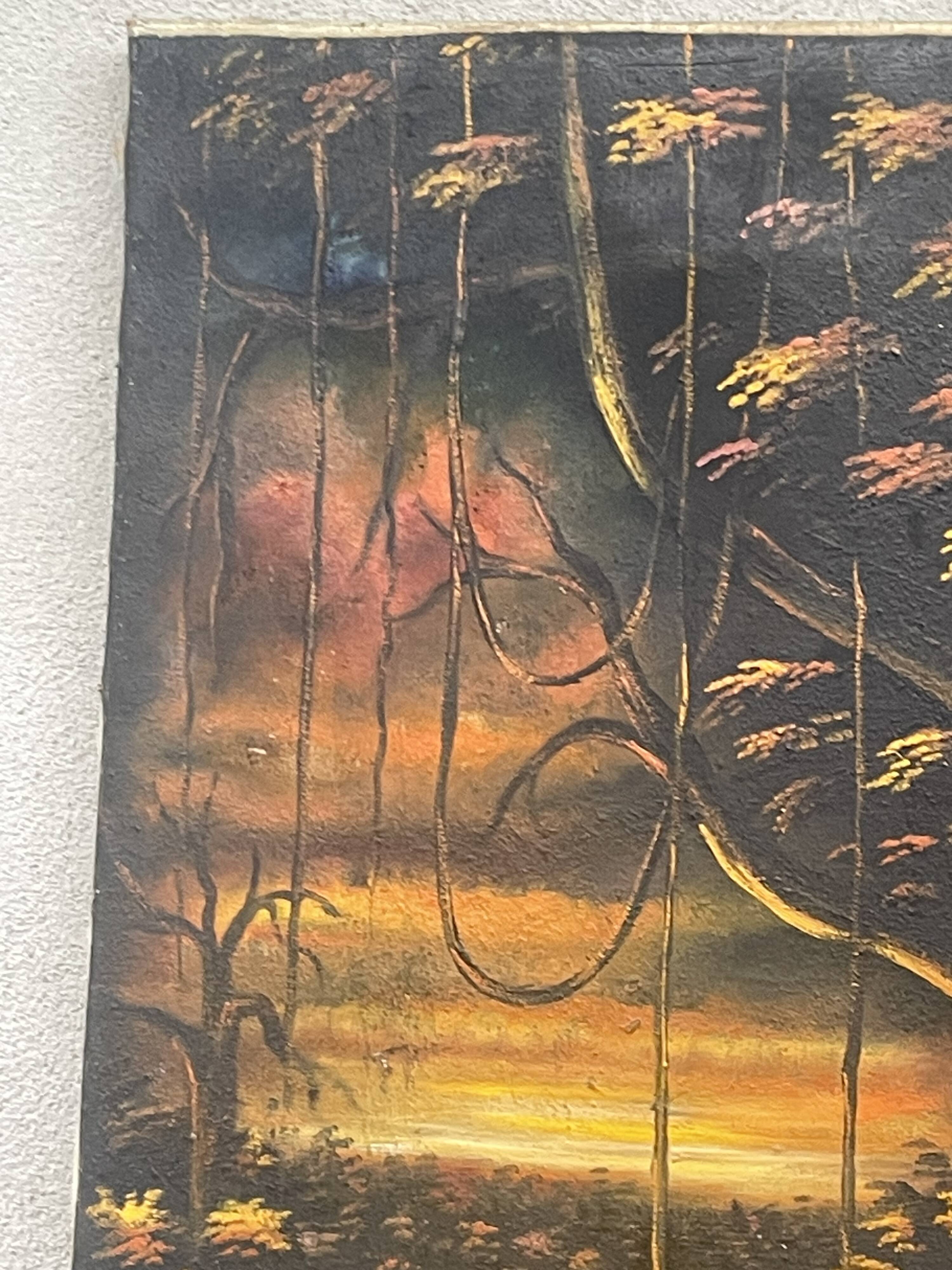 Old african canvas under lively woods in tropical and lush forest signed to identify