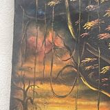 Old african canvas under lively woods in tropical and lush forest signed to identify