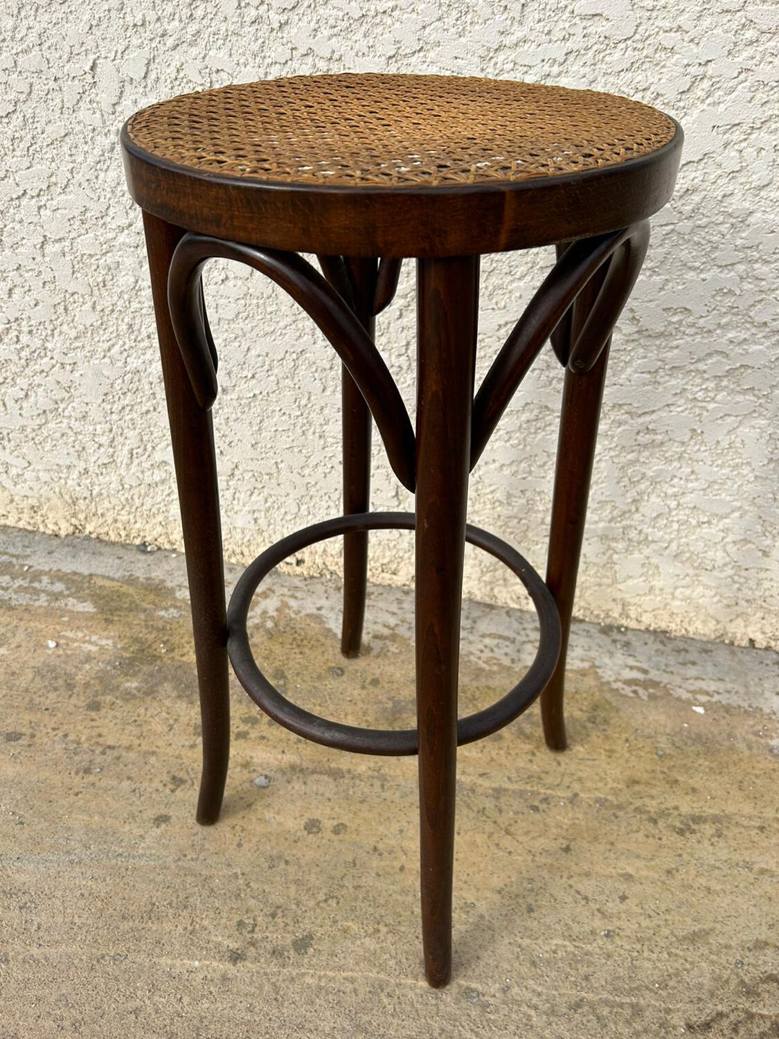Tabouret de bar vintage en bois & cannage