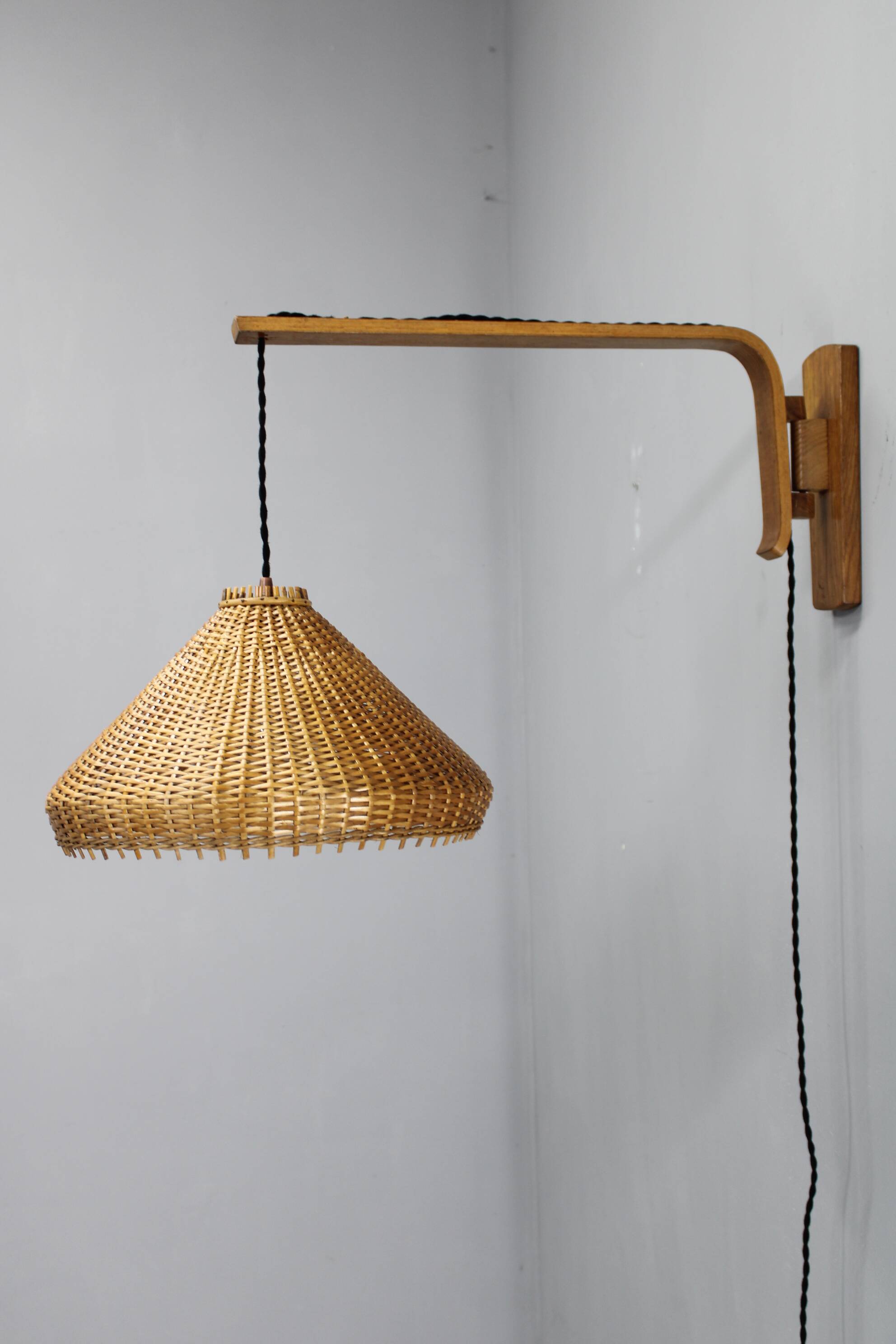 Adjustable oak and wicker wall lamp, Czechoslovakia, 1970s
