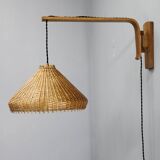 Adjustable oak and wicker wall lamp, Czechoslovakia, 1970s