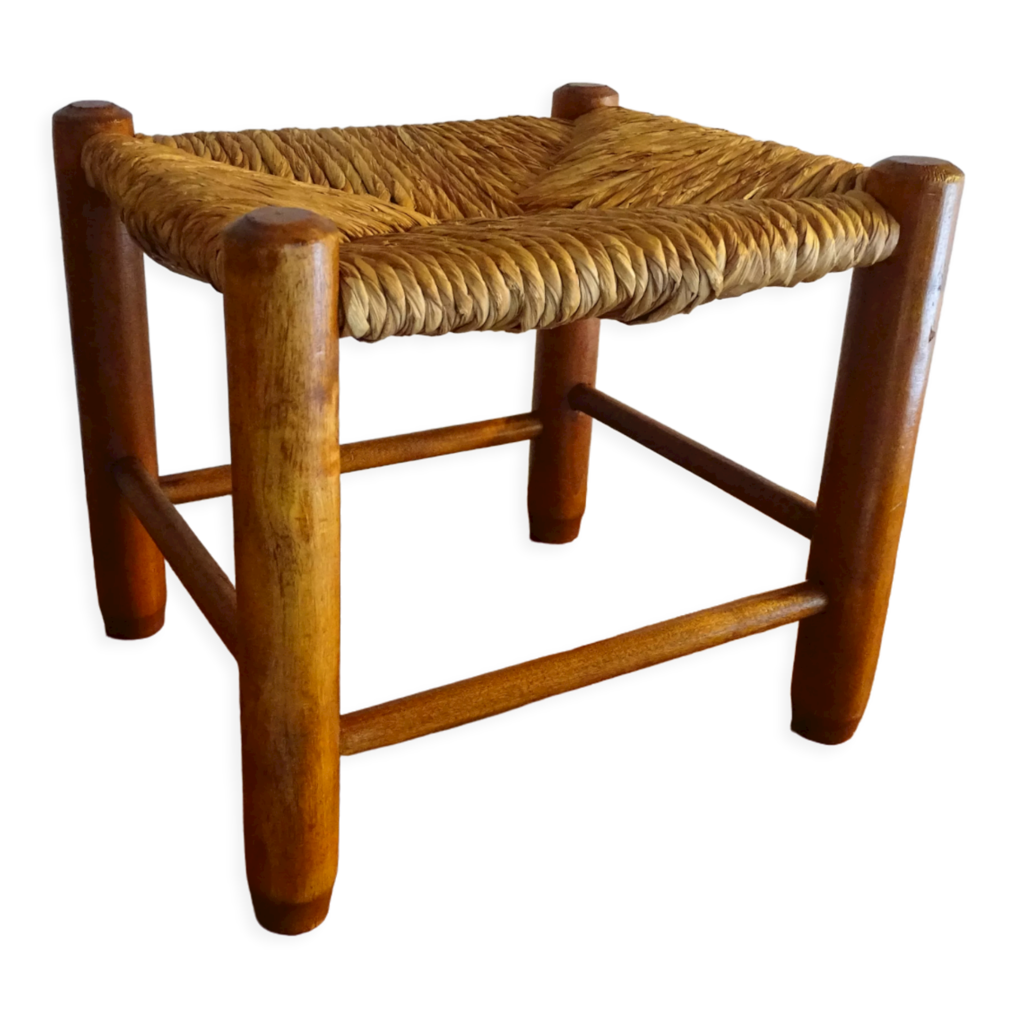 Vintage straw wood low stool