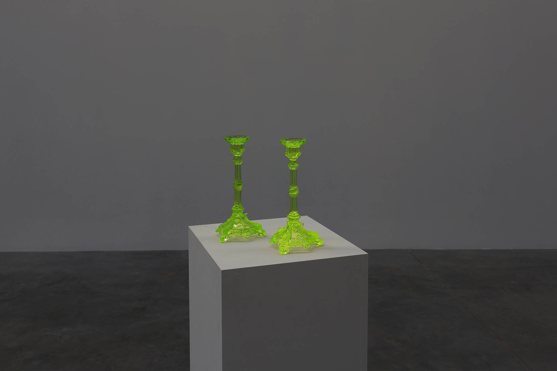 Pair Uranium or annagreen glass candlesticks by Vallerysthal & Portieux