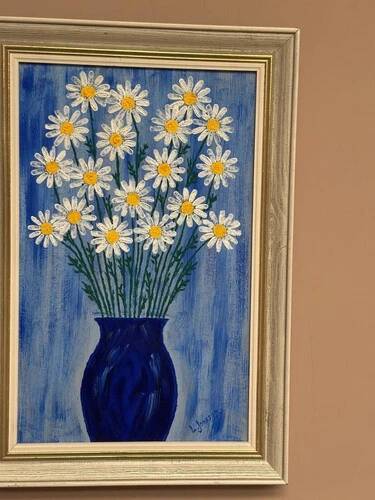 Swedish Oil on Canvas “Blue vase with flowers” by L jonsson Vintage 45x31cm