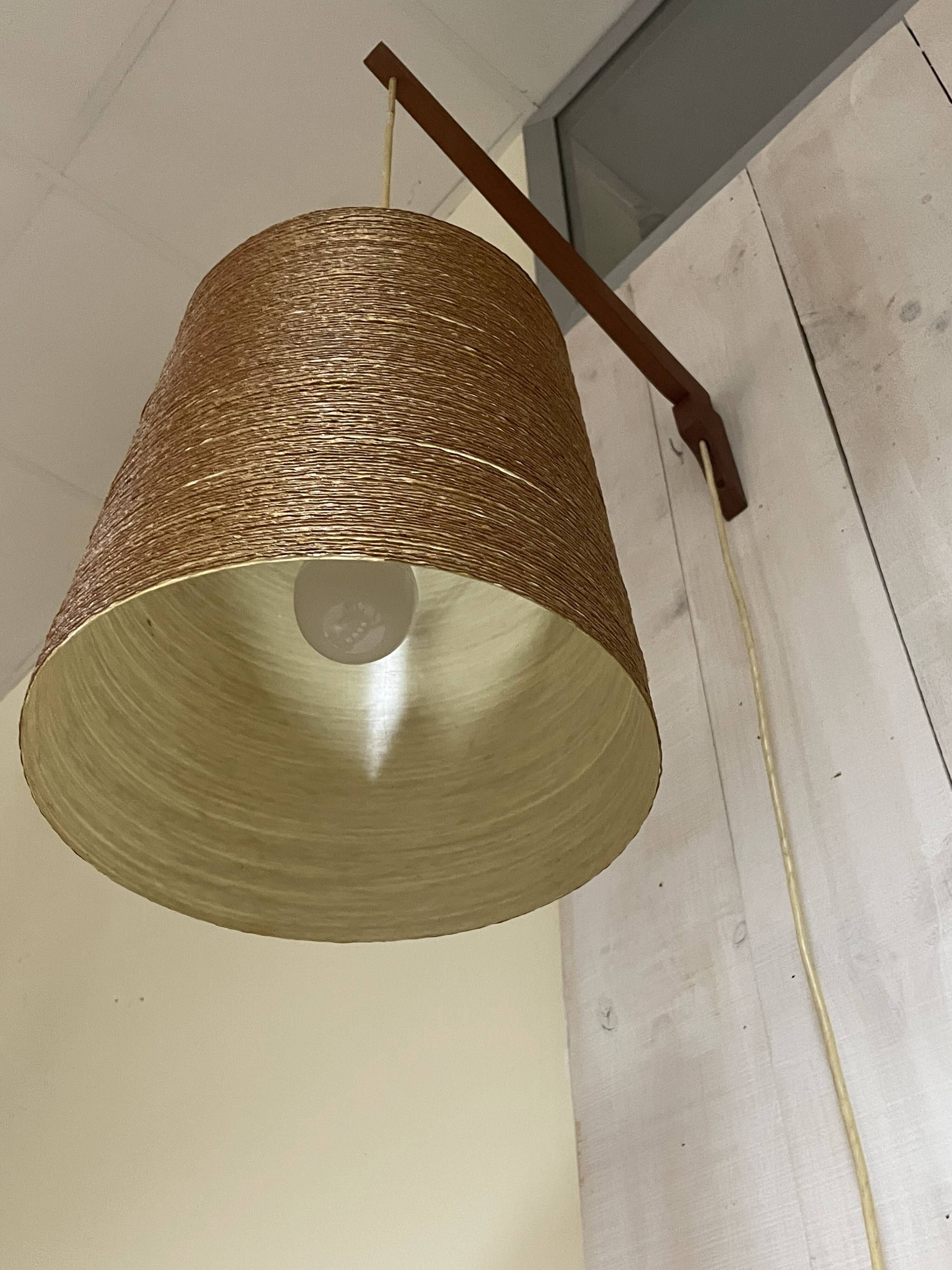 Rare teak and sisal wall lamp from the 1960s, attributed to Lotte Bostlund.