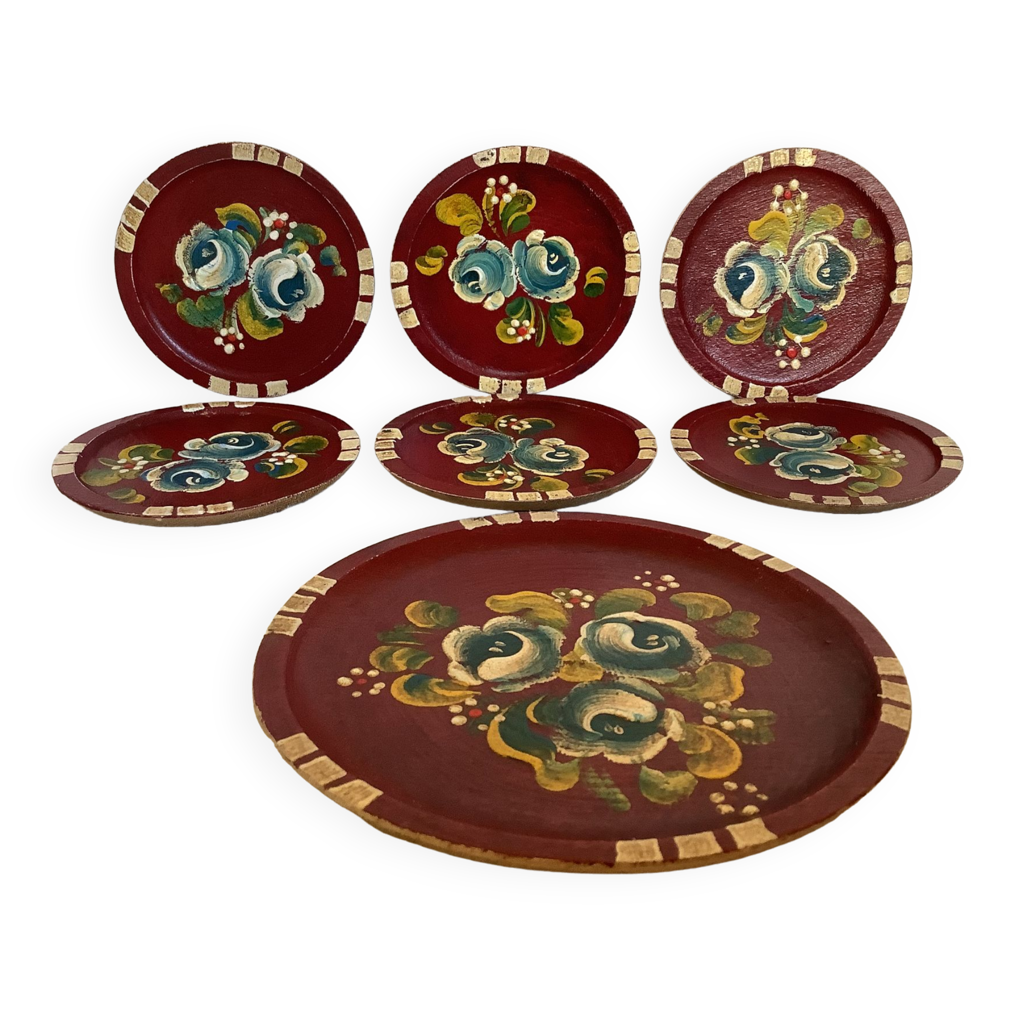 Six coasters of glass wood painted in relief under bottle