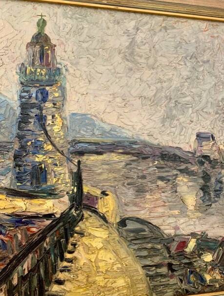 Large OIL ON WOOD representing the view of a "Lighthouse on the pier"