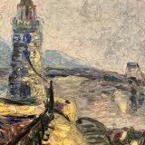 Large OIL ON WOOD representing the view of a "Lighthouse on the pier"