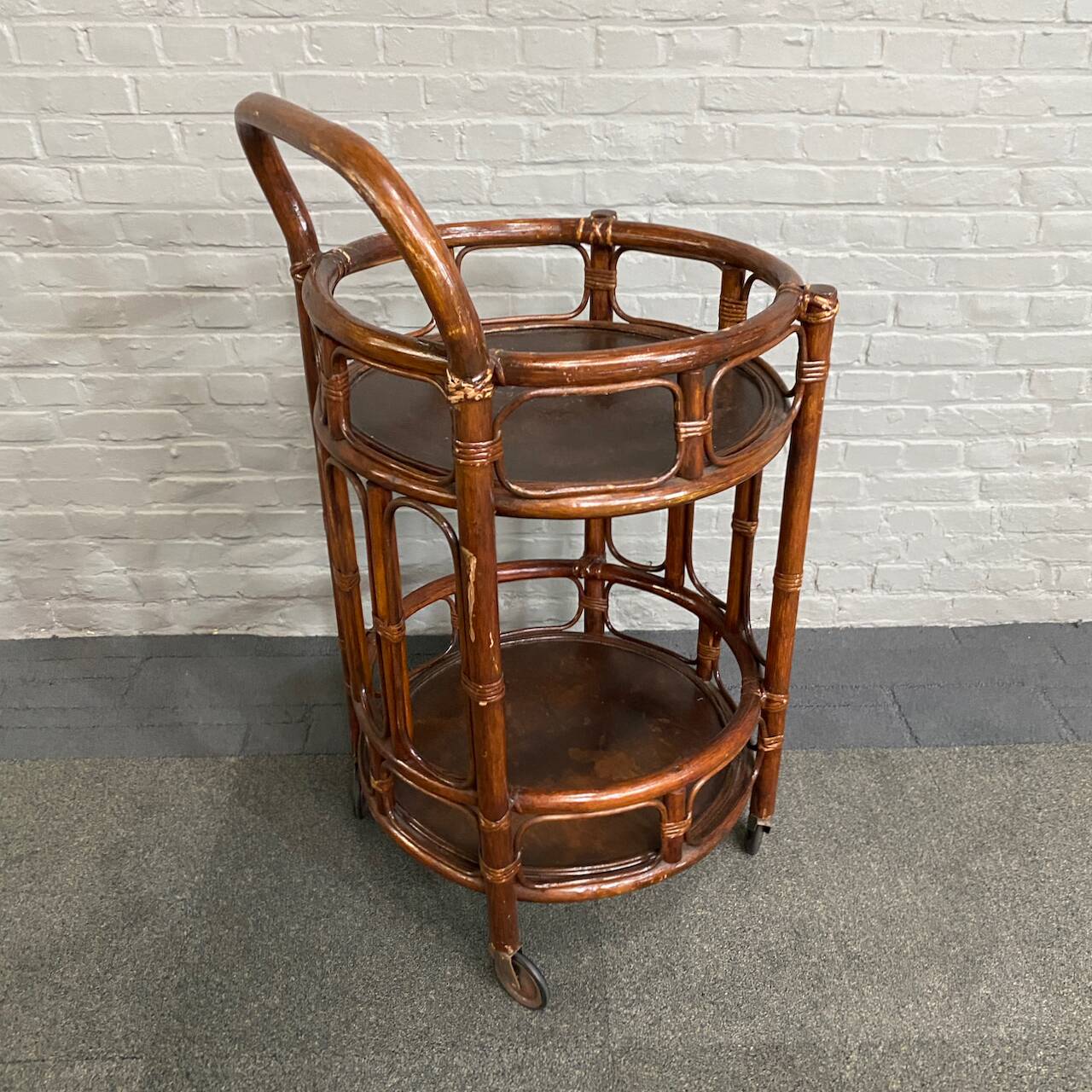 Round bamboo & rattan bar cart - italy 1960's