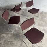 Set of 3 Howe 40/4 stackable chairs in burgundy fabric — Chrome frame, mid-century style