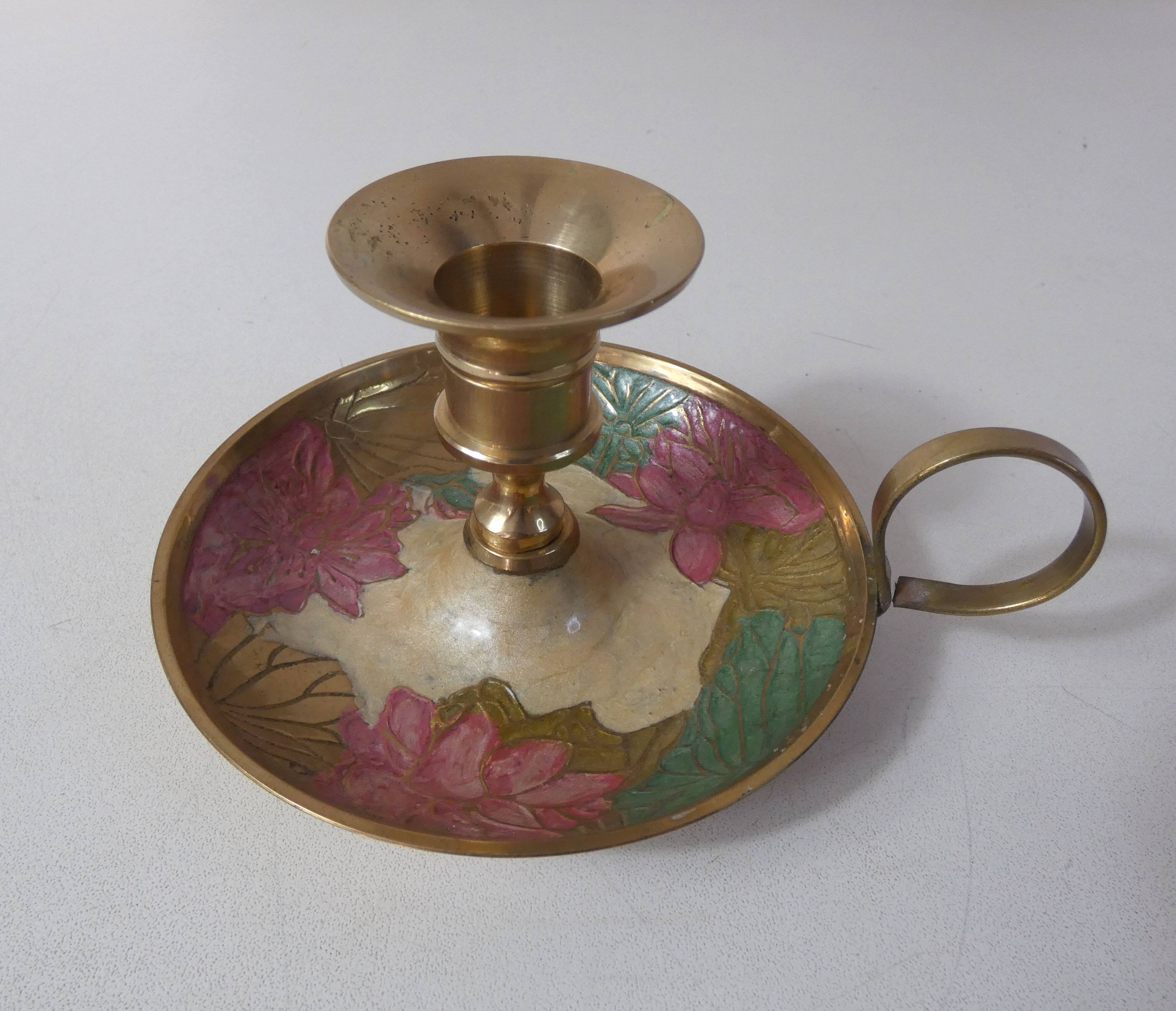 Vintage enameled brass hand candle holder