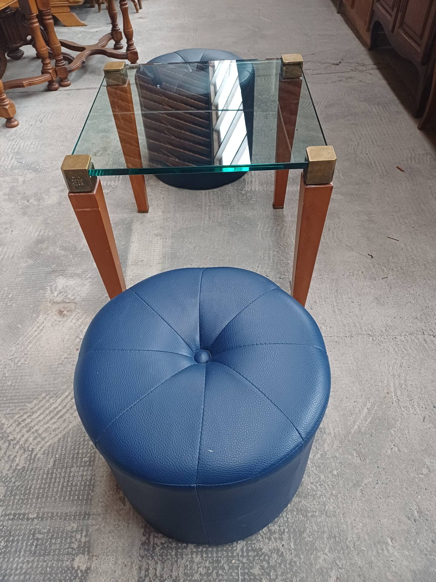 Modernist Design Side Table + 2 Blue Leather Poufs