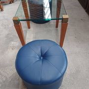 Modernist Design Side Table + 2 Blue Leather Poufs