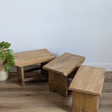 Trio of handcrafted blond wood stools