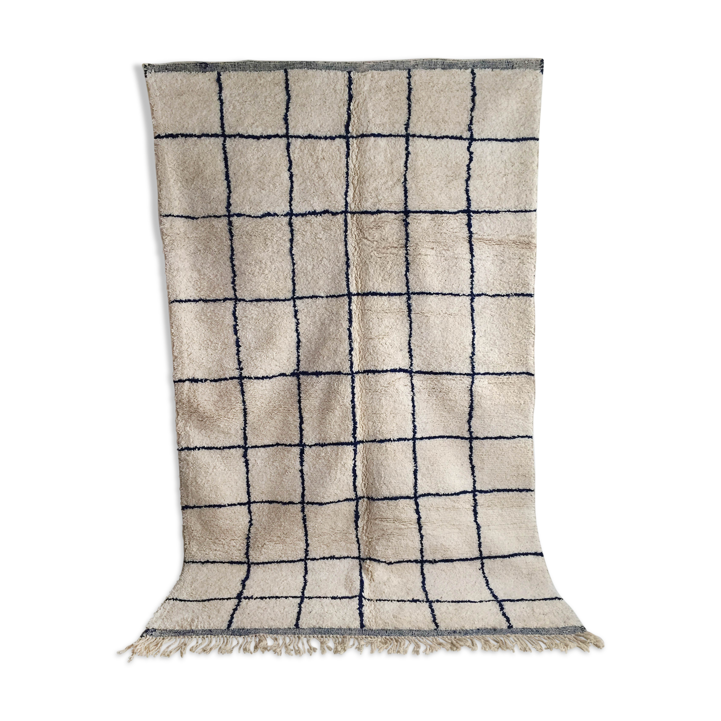 Moroccan Berber carpet Beni Ouarain ecru with largeelle blue checkered 302x190cm