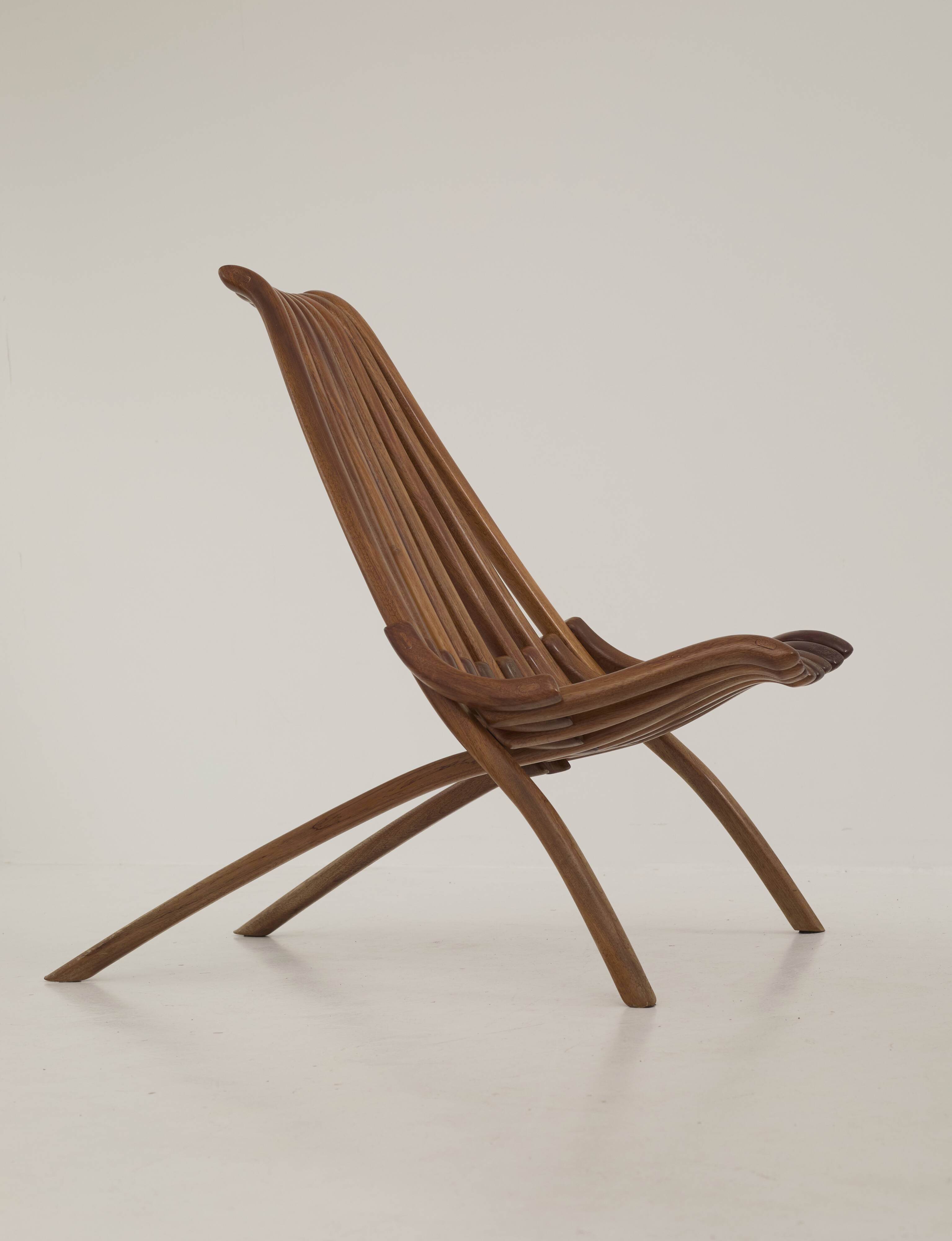 Handcrafted folding chair in solid wood (Iroko) vintage circa 1970.
