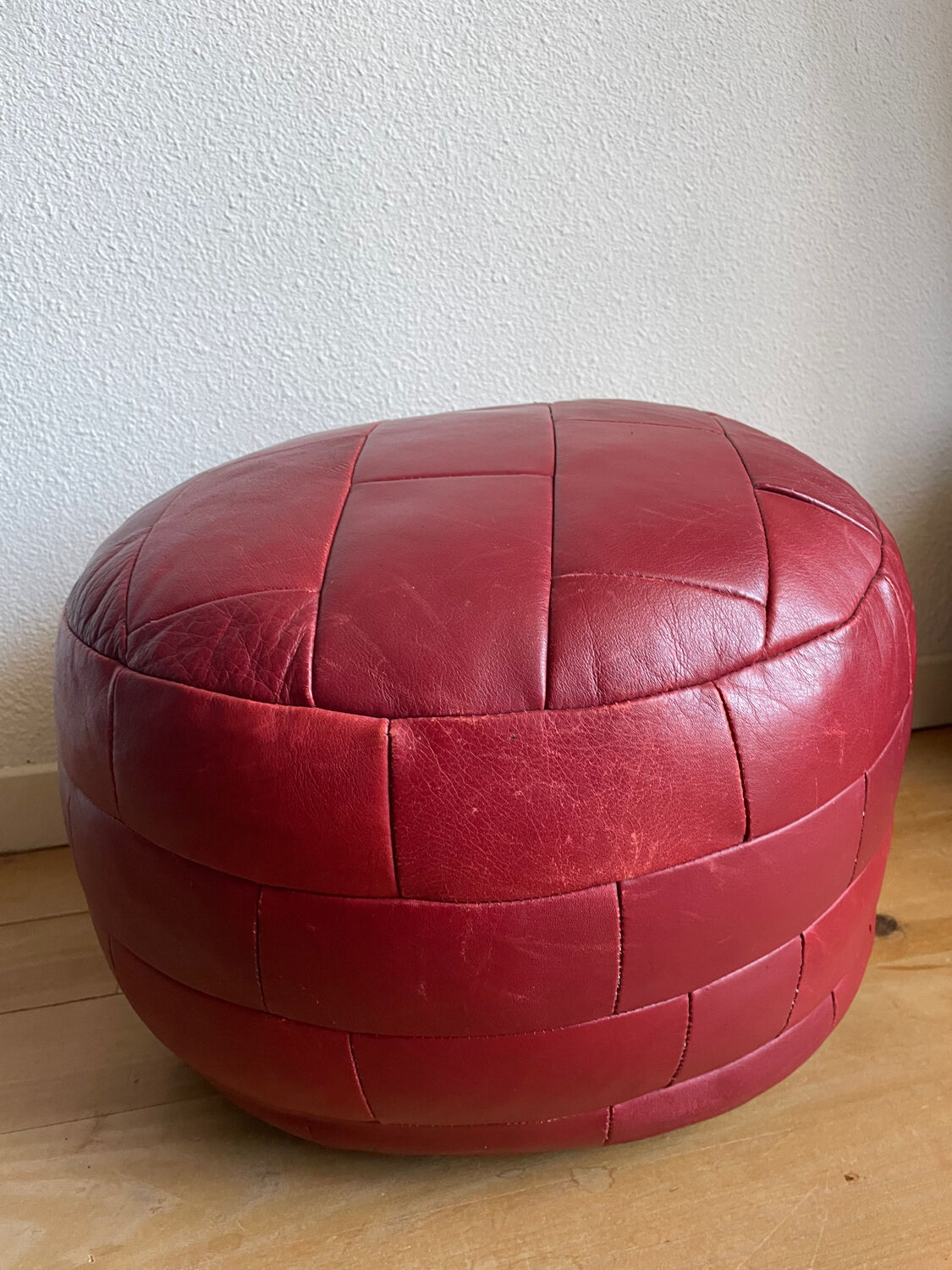 Red patchwork leather pouf