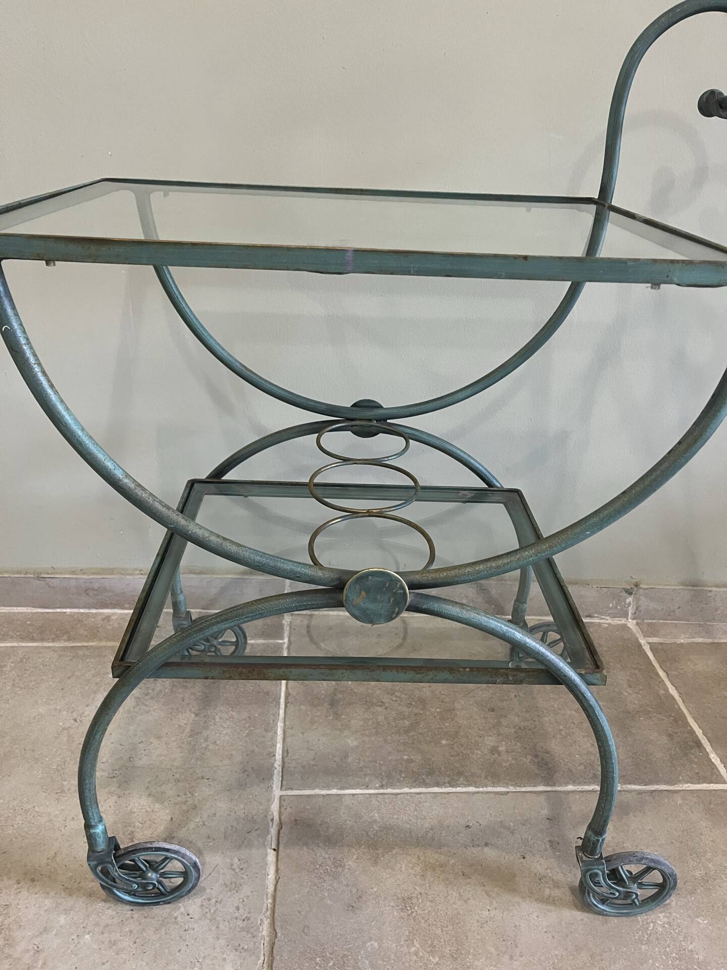 Patinated green-grey wrought iron dessert table