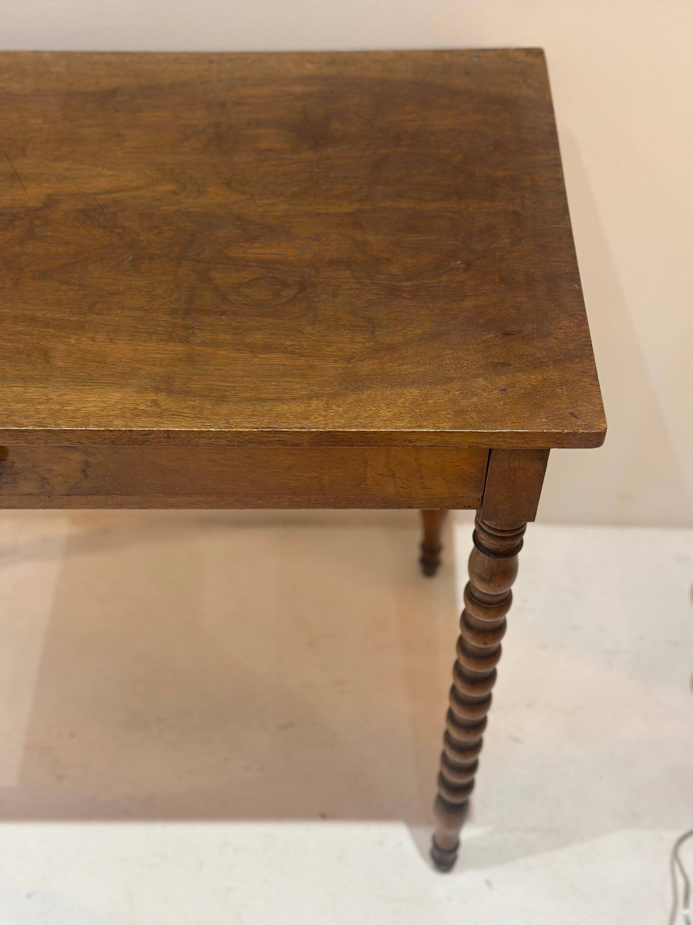 Vintage turned walnut wood console table with ball feet.