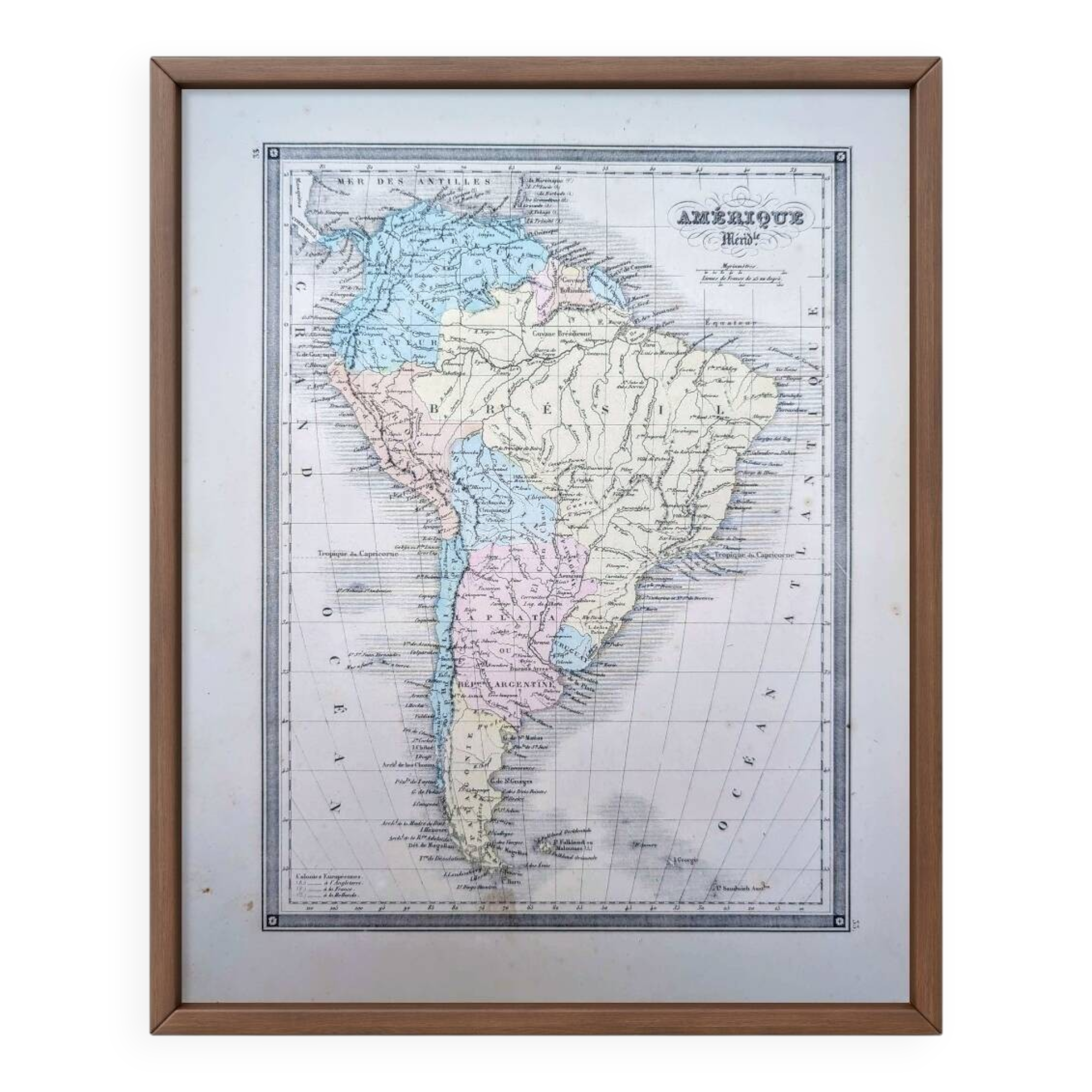 South America, antique map, printed in 1852. Authentic.