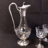 Set of 6 crystal and pewter wine glasses and ewer carafe from France