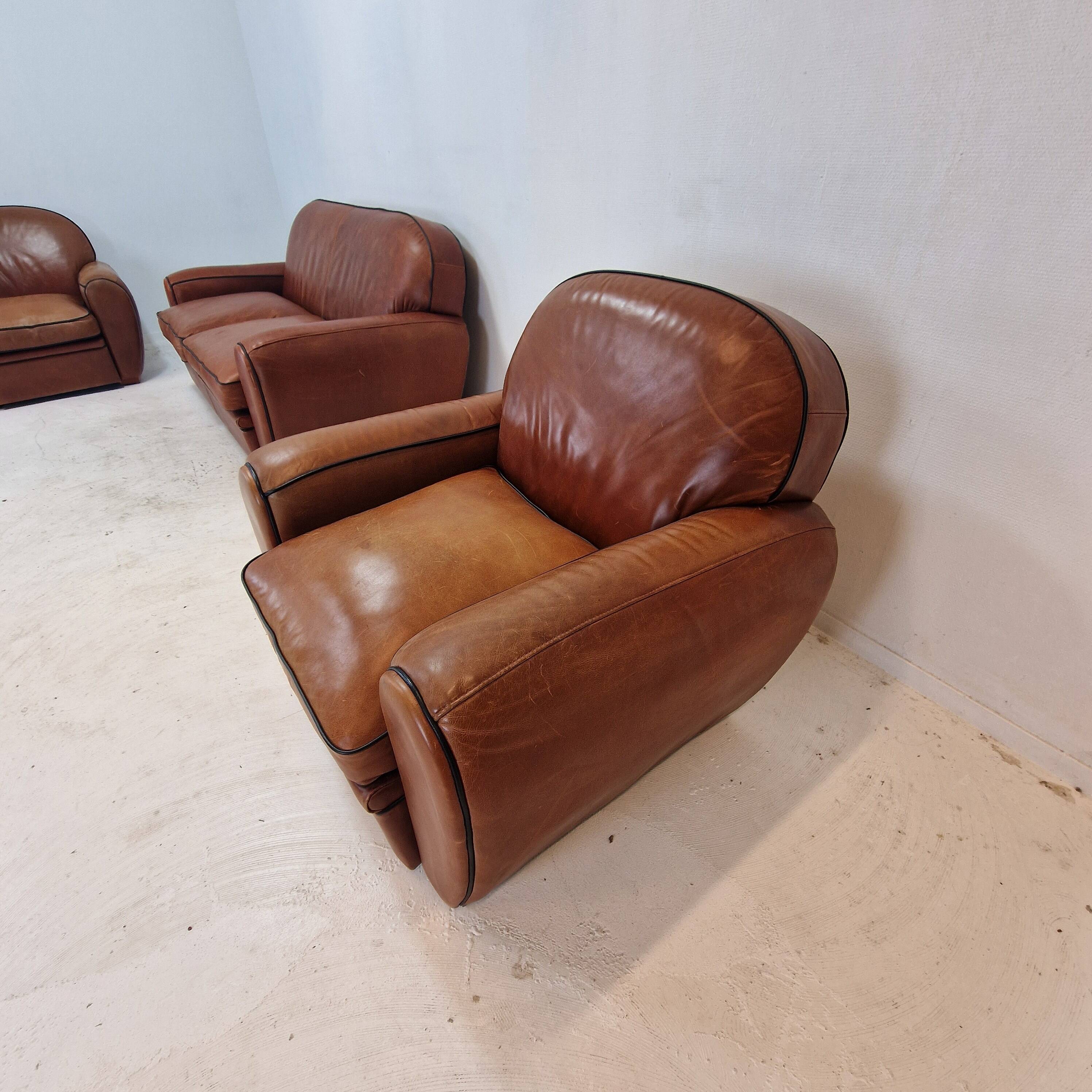 Set of 2 Club Chairs and 1 Sofa in Saddle Leather by Jan Frantzen, Netherlands